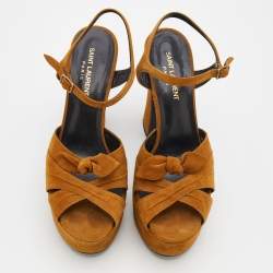Saint Laurent Brown Suede Ankle Strap Platform Sandals Size 38