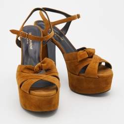 Saint Laurent Brown Suede Ankle Strap Platform Sandals Size 38