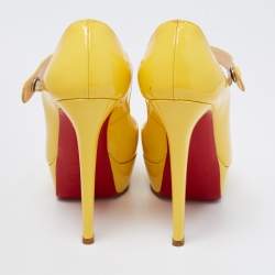 Pre Owned Christian Louboutin Yellow Patent Leather Zeppa Peep Toe Mary Jane Platform Pumps Size 35.5