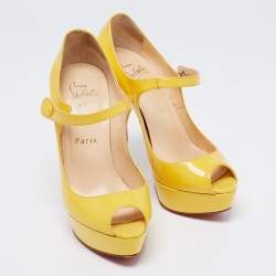 Pre Owned Christian Louboutin Yellow Patent Leather Zeppa Peep Toe Mary Jane Platform Pumps Size 35.5