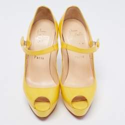 Pre Owned Christian Louboutin Yellow Patent Leather Zeppa Peep Toe Mary Jane Platform Pumps Size 35.5