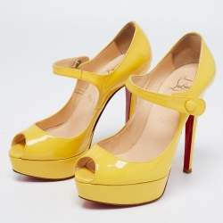 Pre Owned Christian Louboutin Yellow Patent Leather Zeppa Peep Toe Mary Jane Platform Pumps Size 35.5