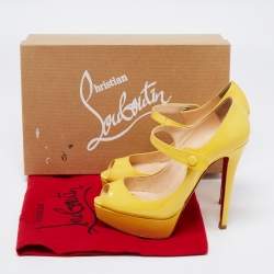 Pre Owned Christian Louboutin Yellow Patent Leather Zeppa Peep Toe Mary Jane Platform Pumps Size 35.5
