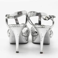 Pre Owned Saint Laurent Silver Croc Embossed Leather Tribute Sandals Size 39