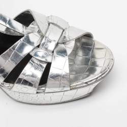 Pre Owned Saint Laurent Silver Croc Embossed Leather Tribute Sandals Size 39