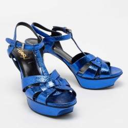 Pre Owned Saint Laurent Metallic Blue Crackled Leather Tribute Platform Sandals Size 39.5