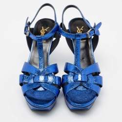 Pre Owned Saint Laurent Metallic Blue Crackled Leather Tribute Platform Sandals Size 39.5