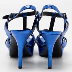 Pre Owned Saint Laurent Metallic Blue Crackled Leather Tribute Platform Sandals Size 39.5