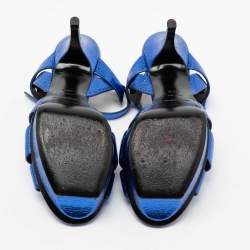 Pre Owned Saint Laurent Metallic Blue Crackled Leather Tribute Platform Sandals Size 39.5