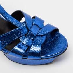 Pre Owned Saint Laurent Metallic Blue Crackled Leather Tribute Platform Sandals Size 39.5