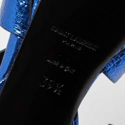 Pre Owned Saint Laurent Metallic Blue Crackled Leather Tribute Platform Sandals Size 39.5