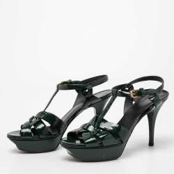 Saint Laurent Dark Green Patent Leather Tribute Platform Sandals Size 38