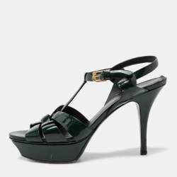 Saint Laurent Dark Green Patent Leather Tribute Platform Sandals Size 38