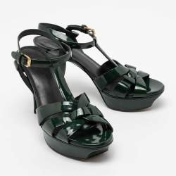 Saint Laurent Dark Green Patent Leather Tribute Platform Sandals Size 38