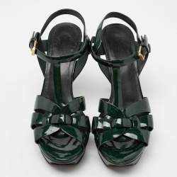 Saint Laurent Dark Green Patent Leather Tribute Platform Sandals Size 38