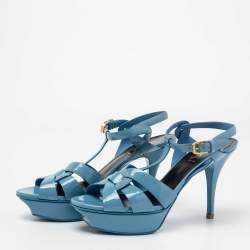 Saint Laurent Light Blue Patent Leather Tribute Platform Sandals Size 38
