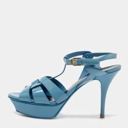Saint Laurent Light Blue Patent Leather Tribute Platform Sandals Size 38