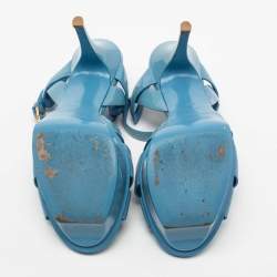 Saint Laurent Light Blue Patent Leather Tribute Platform Sandals Size 38