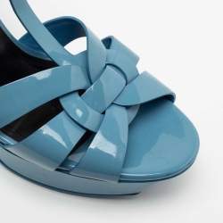 Saint Laurent Light Blue Patent Leather Tribute Platform Sandals Size 38