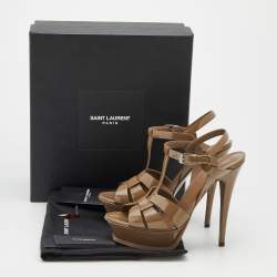 Pre Owned Saint Laurent Brown Patent Leather Tribute Platform Ankle Strap Sandals Size 37.5