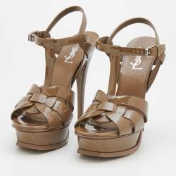 Pre Owned Saint Laurent Brown Patent Leather Tribute Platform Ankle Strap Sandals Size 37.5