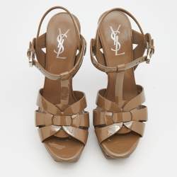 Pre Owned Saint Laurent Brown Patent Leather Tribute Platform Ankle Strap Sandals Size 37.5