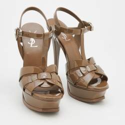 Pre Owned Saint Laurent Brown Patent Leather Tribute Platform Ankle Strap Sandals Size 37.5