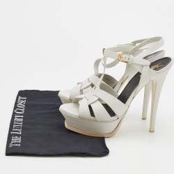 Pre Owned Saint Laurent Paris White Leather Tribute Platform Sandals Size 37