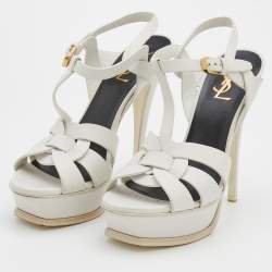 Pre Owned Saint Laurent Paris White Leather Tribute Platform Sandals Size 37