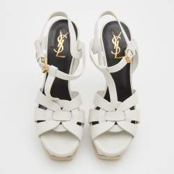 Pre Owned Saint Laurent Paris White Leather Tribute Platform Sandals Size 37