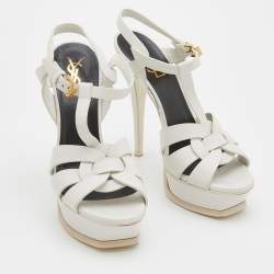 Pre Owned Saint Laurent Paris White Leather Tribute Platform Sandals Size 37