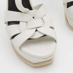 Pre Owned Saint Laurent Paris White Leather Tribute Platform Sandals Size 37