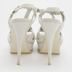 Pre Owned Saint Laurent Paris White Leather Tribute Platform Sandals Size 37
