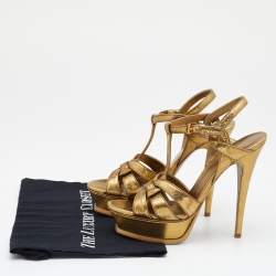 مملوكة مسبقًا صندل سان لوران تريبوت جلد نقشة سحلية ذهبي نعل سميك مقاس 38.5