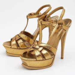 مملوكة مسبقًا صندل سان لوران تريبوت جلد نقشة سحلية ذهبي نعل سميك مقاس 38.5