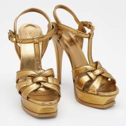 مملوكة مسبقًا صندل سان لوران تريبوت جلد نقشة سحلية ذهبي نعل سميك مقاس 38.5