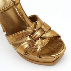 مملوكة مسبقًا صندل سان لوران تريبوت جلد نقشة سحلية ذهبي نعل سميك مقاس 38.5