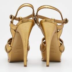 مملوكة مسبقًا صندل سان لوران تريبوت جلد نقشة سحلية ذهبي نعل سميك مقاس 38.5