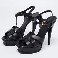 Pre Owned Saint Laurent Black Leather Tribute Platform Ankle Strap Sandals Size 39.5