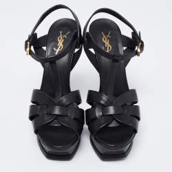 Pre Owned Saint Laurent Black Leather Tribute Platform Ankle Strap Sandals Size 39.5