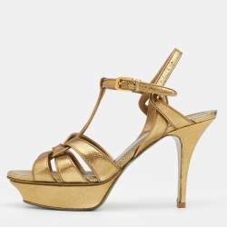 Pre Owned Saint Laurent Metallic Gold Textured Leather Tribute Platform Ankle Strap Sandals Size 39