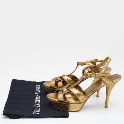 Pre Owned Saint Laurent Metallic Gold Textured Leather Tribute Platform Ankle Strap Sandals Size 39