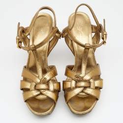 Pre Owned Saint Laurent Metallic Gold Textured Leather Tribute Platform Ankle Strap Sandals Size 39