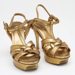 Pre Owned Saint Laurent Metallic Gold Textured Leather Tribute Platform Ankle Strap Sandals Size 39