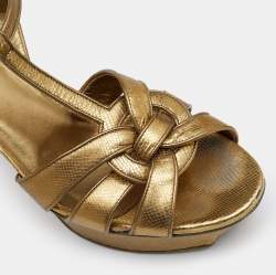 Pre Owned Saint Laurent Metallic Gold Textured Leather Tribute Platform Ankle Strap Sandals Size 39