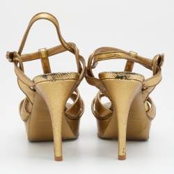 Pre Owned Saint Laurent Metallic Gold Textured Leather Tribute Platform Ankle Strap Sandals Size 39