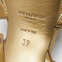 Pre Owned Saint Laurent Metallic Gold Textured Leather Tribute Platform Ankle Strap Sandals Size 39