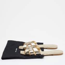 Pre Owned Saint Laurent Metallic Gold Leather Tribute Flat Slide Sandals Size 39