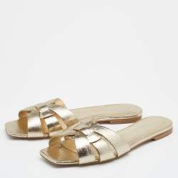 Pre Owned Saint Laurent Metallic Gold Leather Tribute Flat Slide Sandals Size 39