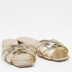 Pre Owned Saint Laurent Metallic Gold Leather Tribute Flat Slide Sandals Size 39
